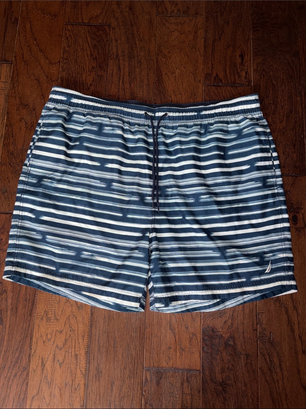 Nautica Navy and White Striped Swim Trunks